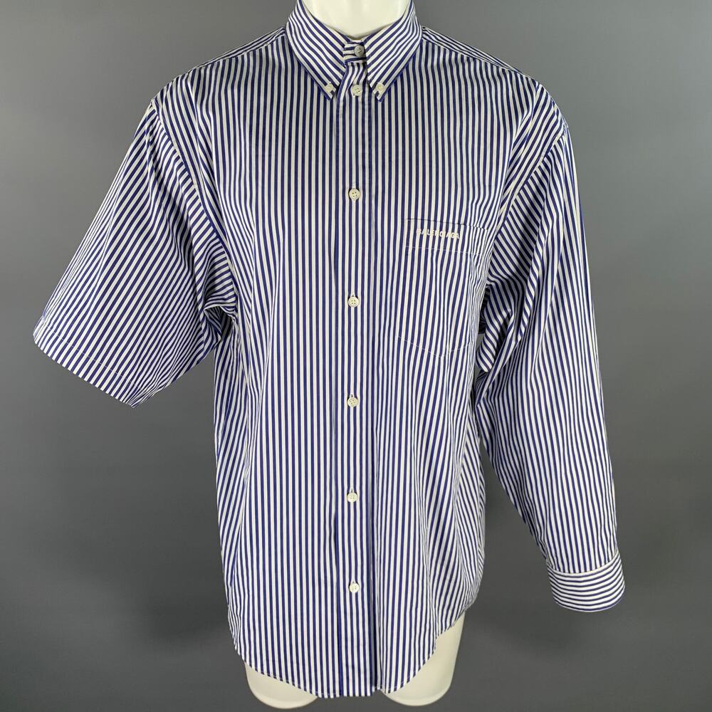 BALENCIAGA XXS Blue White Stripe Cotton Button Down Asymmetrical Sleeve Shirt